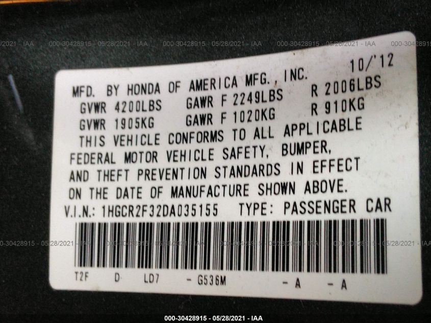 2013 HONDA ACCORD SDN LX 1HGCR2F32DA035155