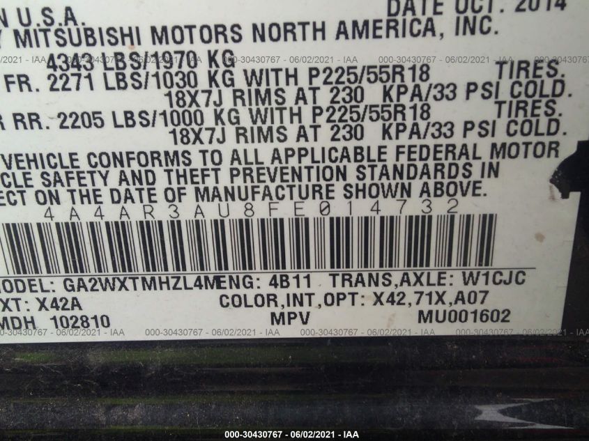 2015 MITSUBISHI OUTLANDER SPORT ES 4A4AR3AU8FE014732