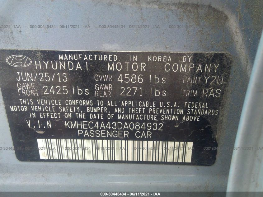 2013 HYUNDAI SONATA HYBRID LIMITED KMHEC4A43DA084932