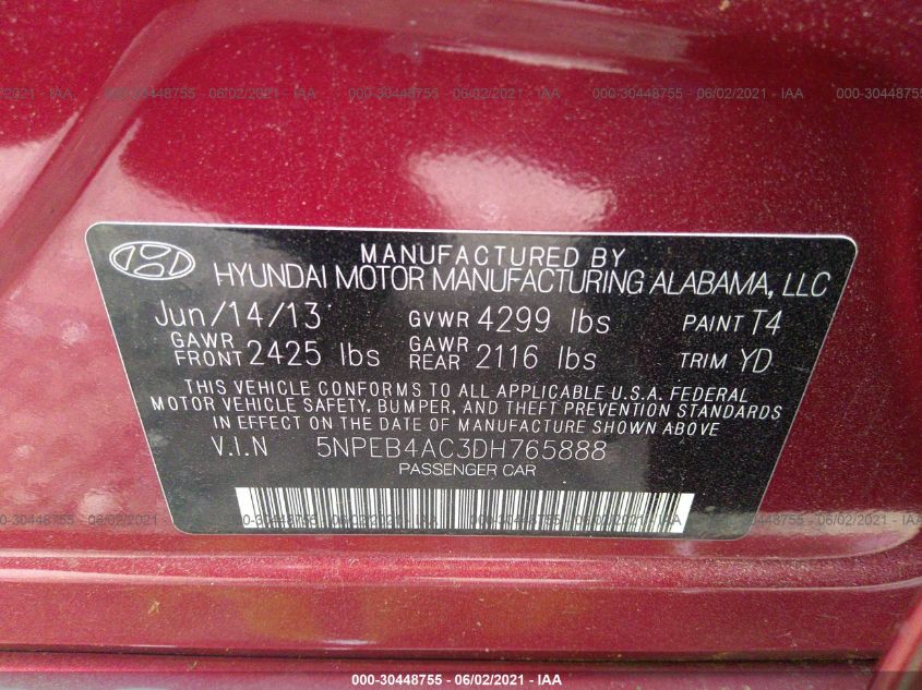 2013 HYUNDAI SONATA GLS 5NPEB4AC3DH765888
