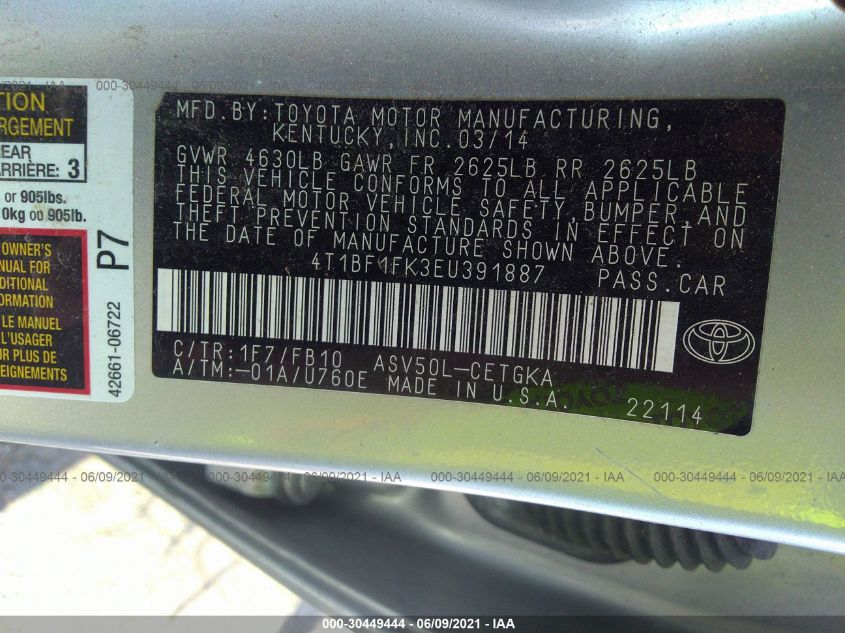 2014 TOYOTA CAMRY L/LE/XLE/SE/SE SPORT 4T1BF1FK3EU391887