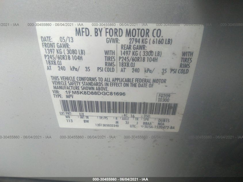 2013 FORD EXPLORER XLT 1FM5K8D88DGC81696