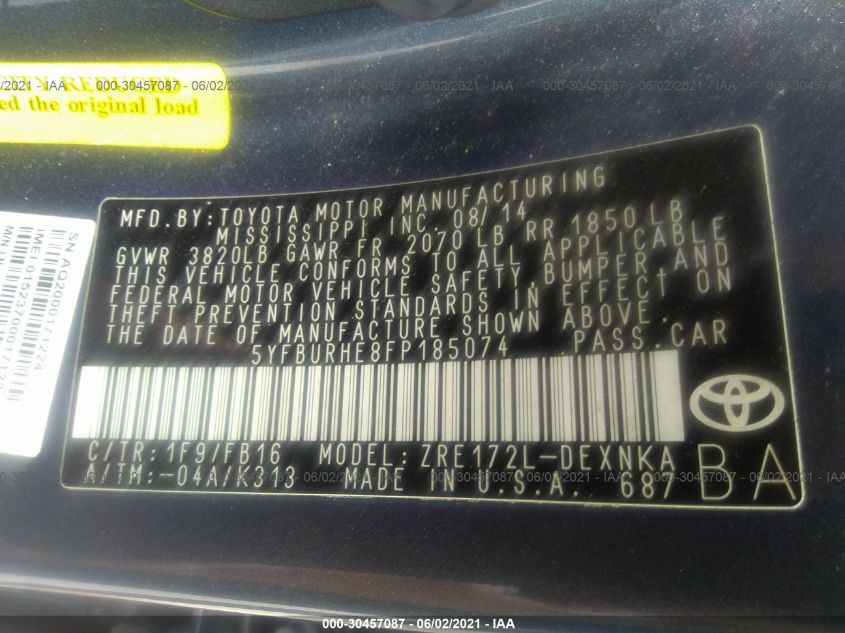 2015 TOYOTA COROLLA LE 5YFBURHE8FP185074
