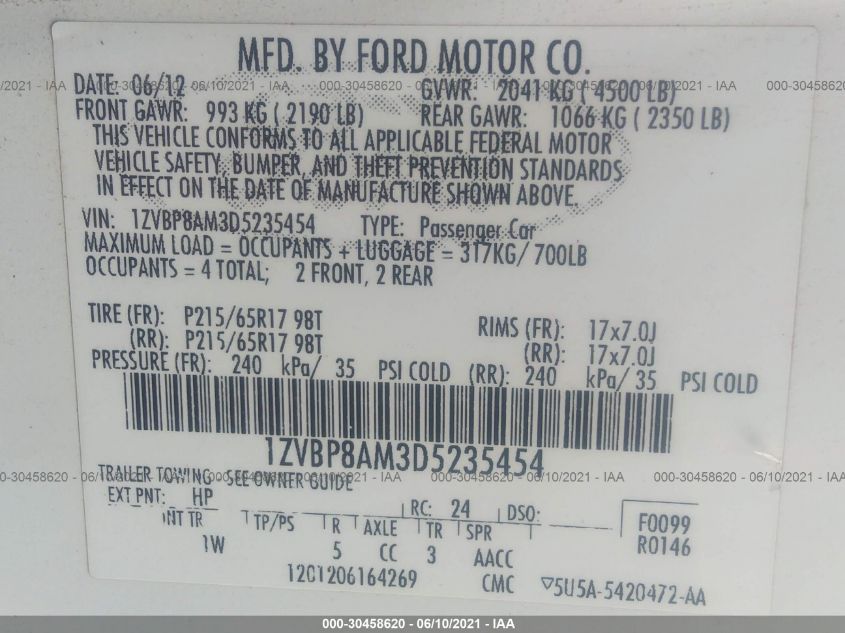2013 FORD MUSTANG V6 1ZVBP8AM3D5235454