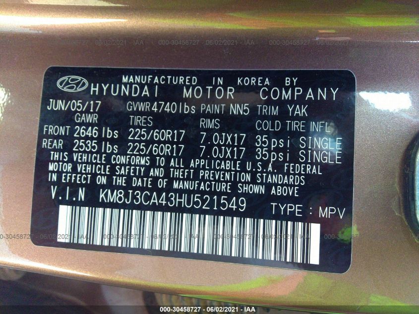 2017 HYUNDAI TUCSON SE KM8J3CA43HU521549