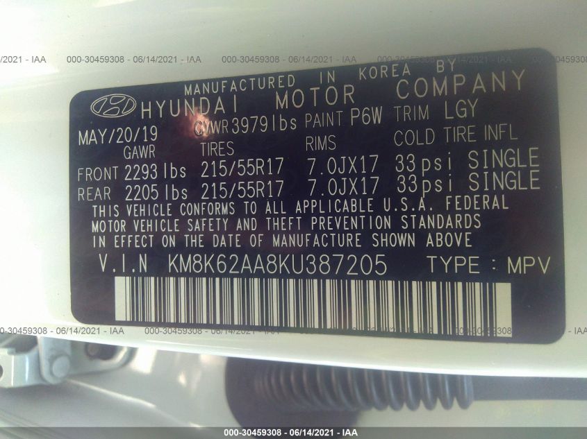2019 HYUNDAI KONA SEL KM8K62AA8KU387205