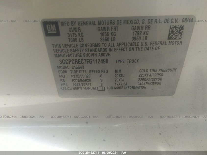 2015 CHEVROLET SILVERADO 1500 LT 3GCPCREC7FG112490