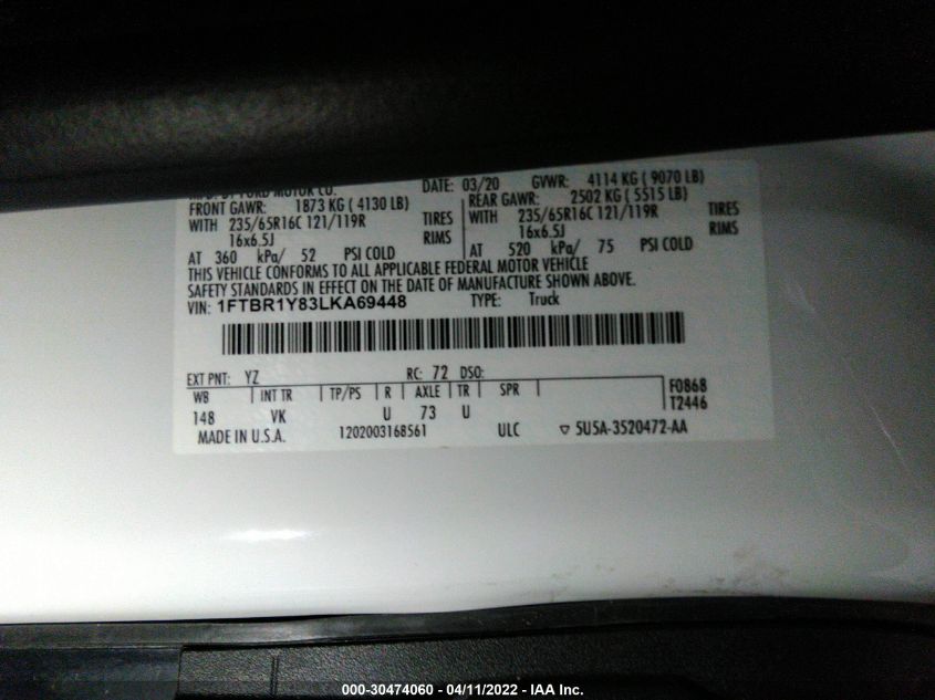 2020 FORD TRANSIT CARGO VAN 1FTBR1Y83LKA69448