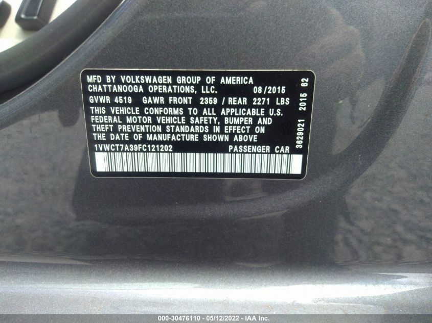 2015 VOLKSWAGEN PASSAT 1.8T SEL PREMIUM 1VWCT7A39FC121202