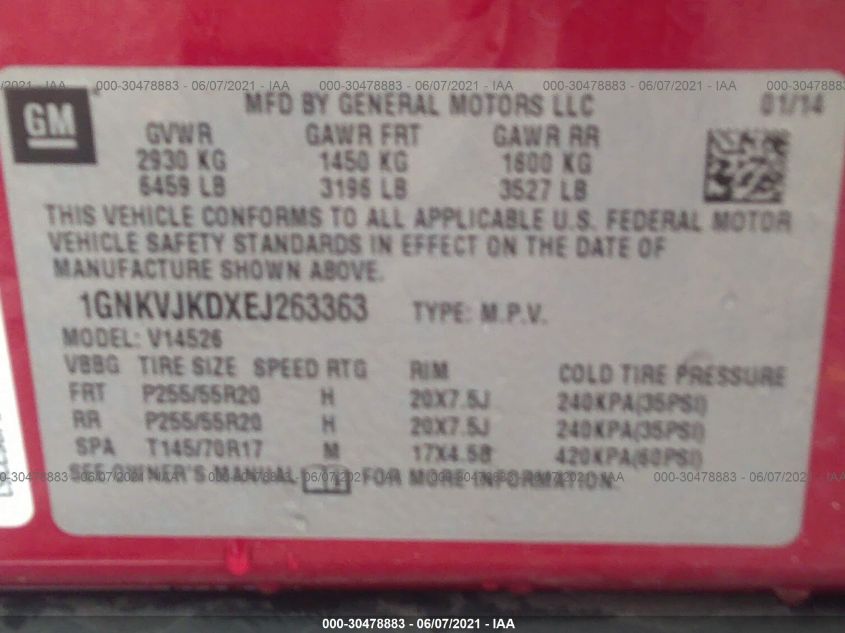 2014 CHEVROLET TRAVERSE LTZ 1GNKVJKDXEJ263363