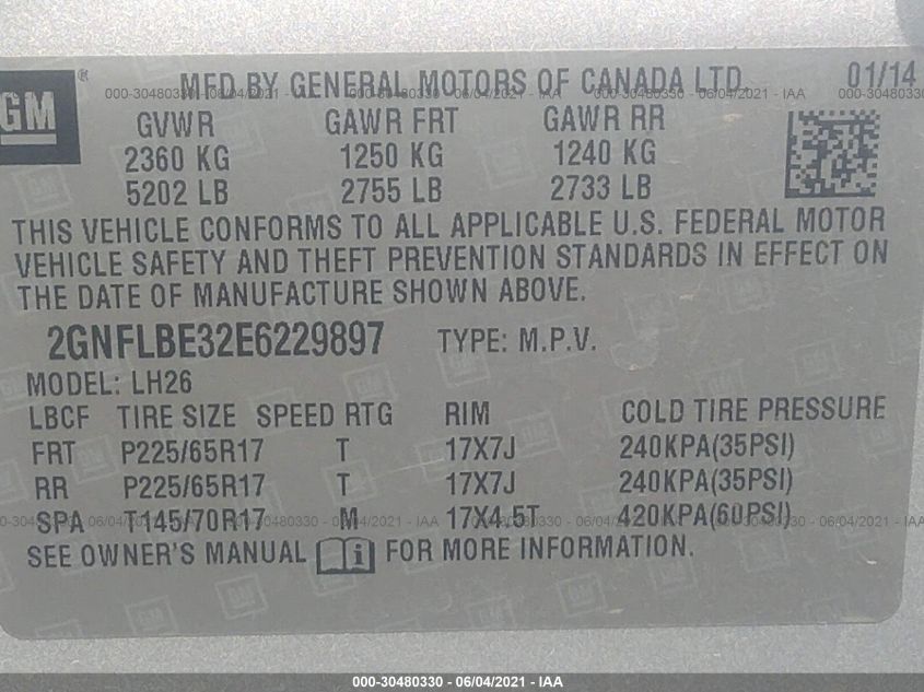 2014 CHEVROLET EQUINOX LT 2GNFLBE32E6229897