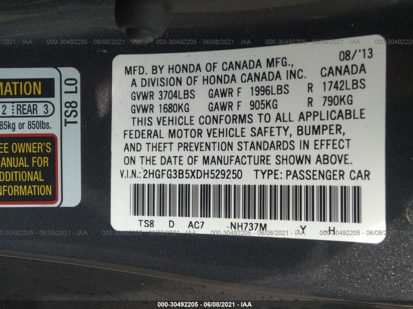 2013 HONDA CIVIC CPE LX 2HGFG3B5XDH529250
