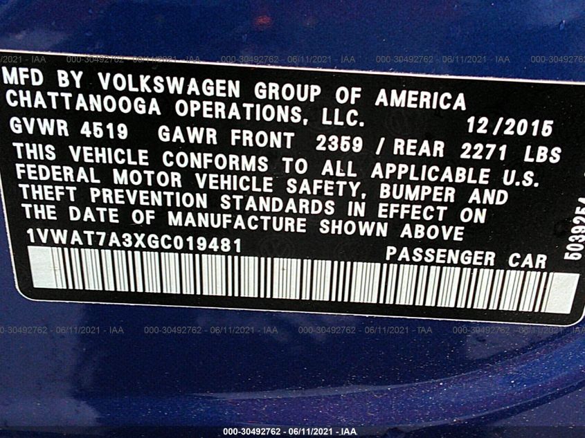 2016 VOLKSWAGEN PASSAT 1.8T S 1VWAT7A3XGC019481