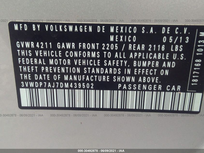 2013 VOLKSWAGEN JETTA SEDAN SE W/CONVENIENCE/SUNROOF 3VWDP7AJ7DM439502