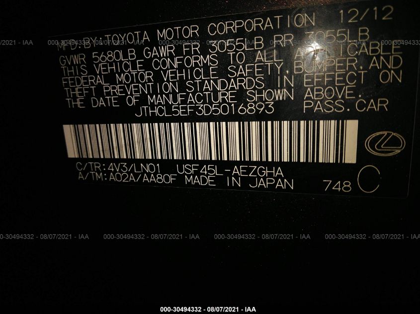 2013 LEXUS LS 460 JTHCL5EF3D5D16893