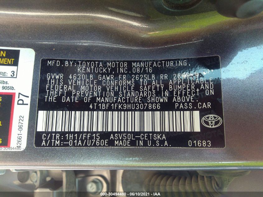 2017 TOYOTA CAMRY XLE/SE/LE/XSE 4T1BF1FK9HU307866