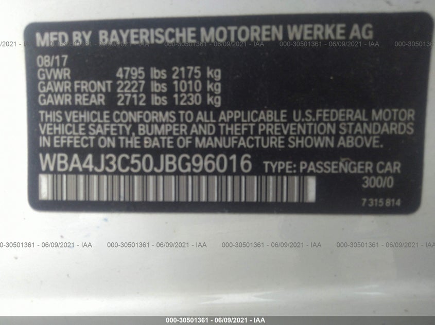 2018 BMW 4 SERIES VIN: WBA4J3C50JBG96016