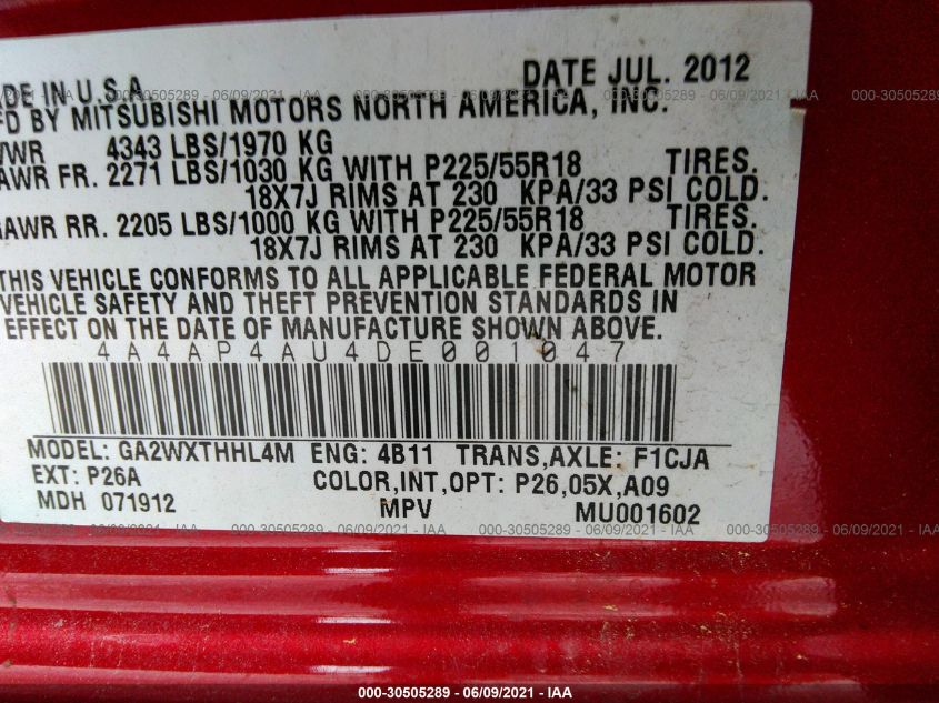 2013 MITSUBISHI OUTLANDER SPORT SE 4A4AP4AU4DE001047