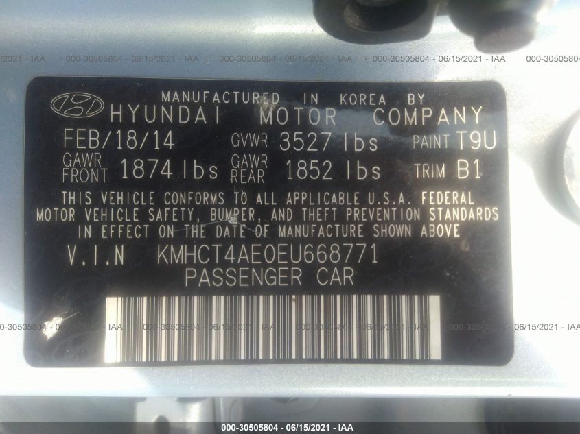 2014 HYUNDAI ACCENT GLS KMHCT4AE0EU668771