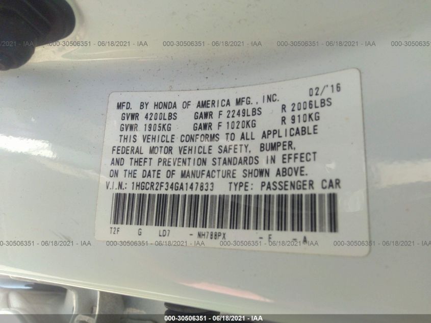 2016 HONDA ACCORD SEDAN LX 1HGCR2F34GA147833
