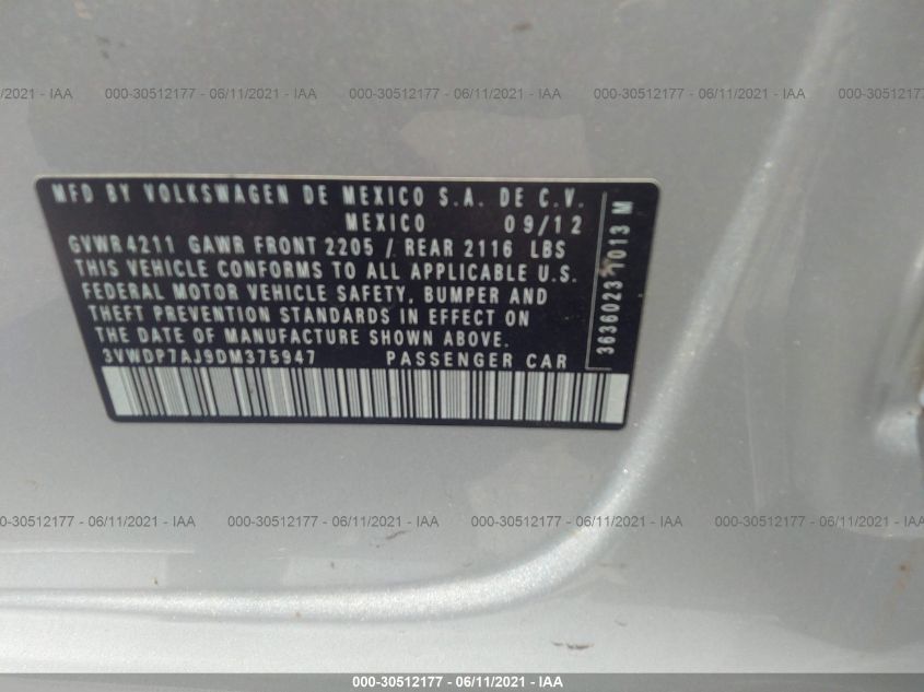 2013 VOLKSWAGEN JETTA SEDAN SE 3VWDP7AJ9DM375947