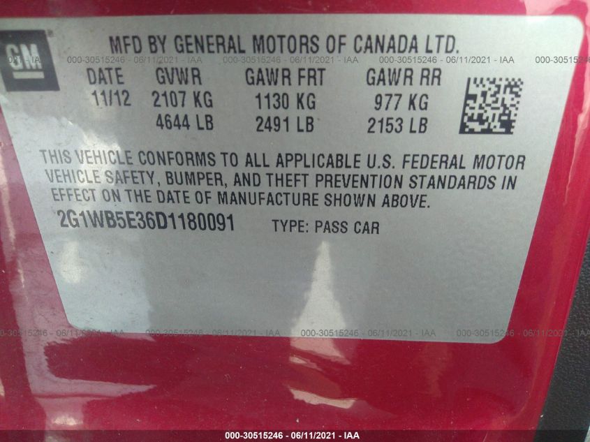 2013 CHEVROLET IMPALA LT 2G1WB5E36D1180091