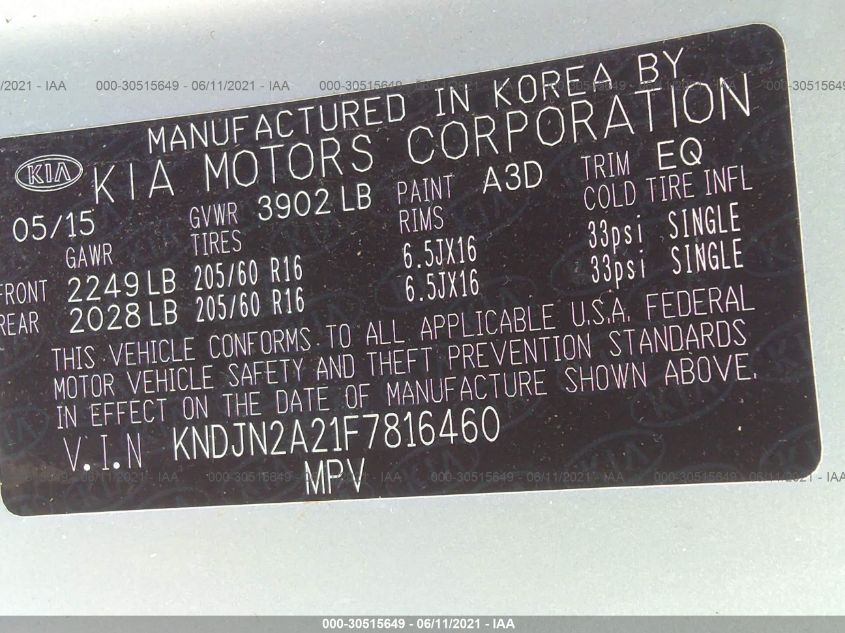 2015 KIA SOUL BASE KNDJN2A21F7816460