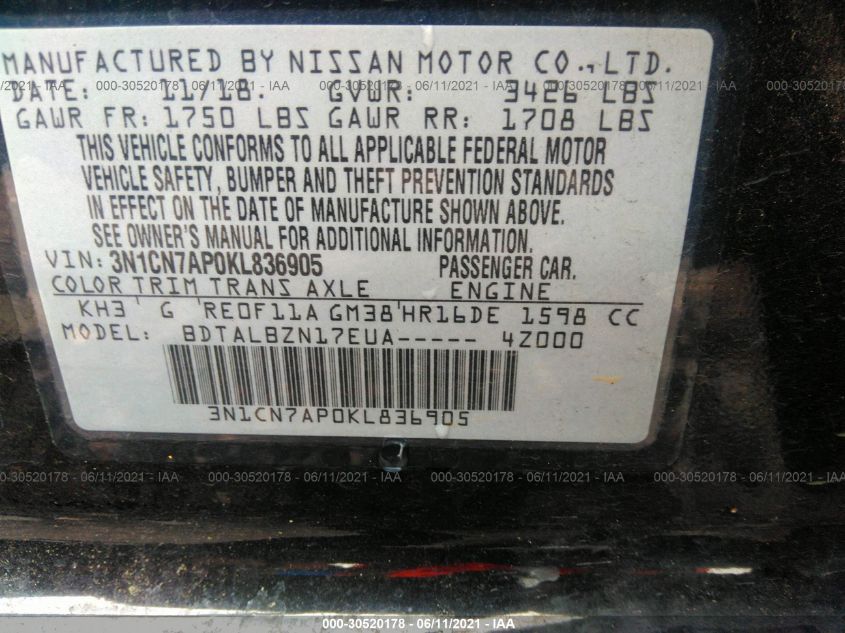 2019 NISSAN VERSA SEDAN SV 3N1CN7AP0KL836905