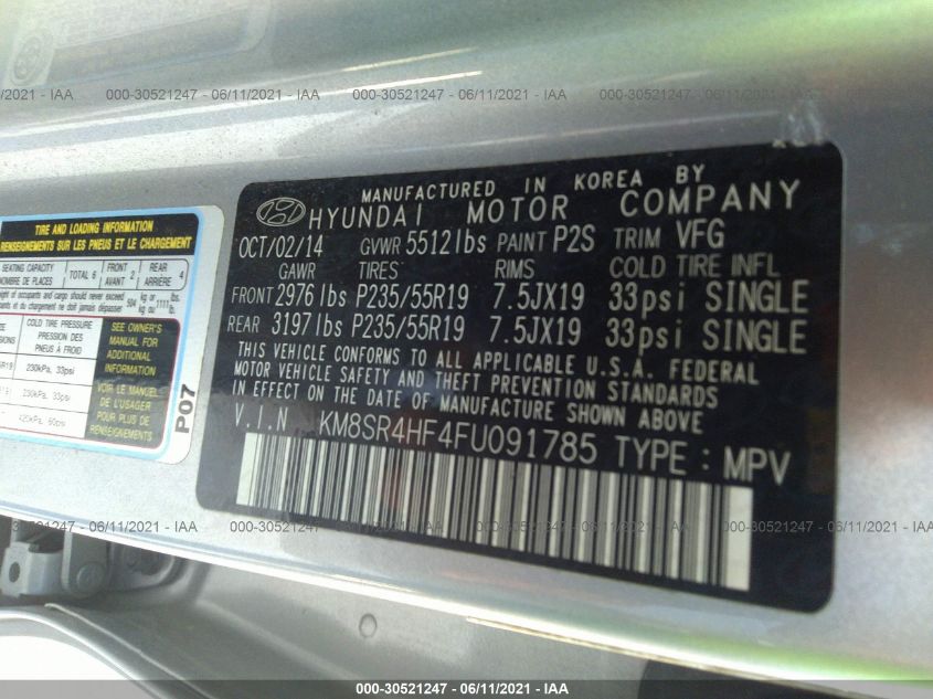 2015 HYUNDAI SANTA FE LIMITED KM8SR4HF4FU091785