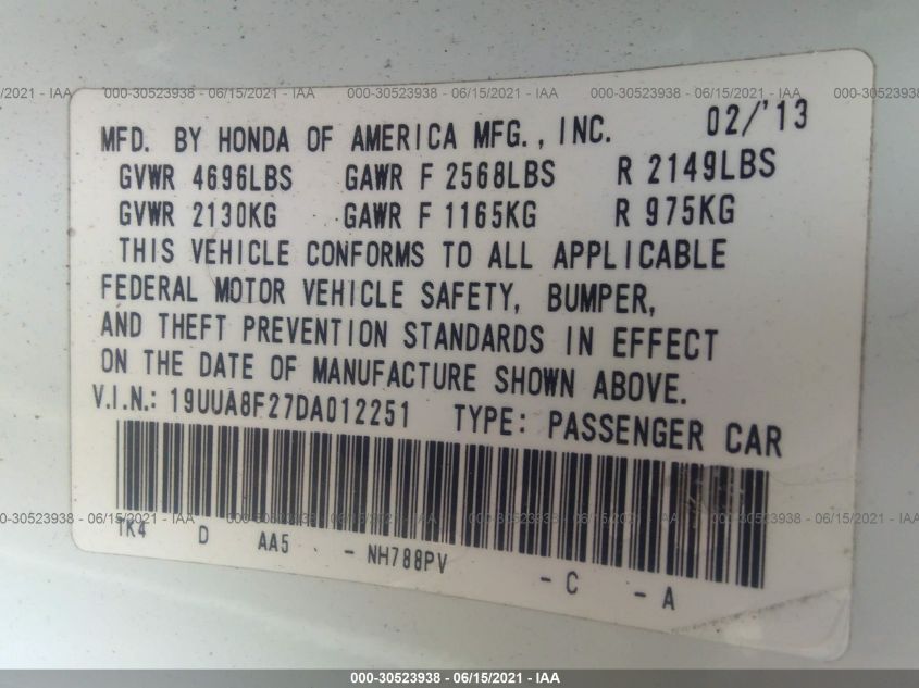 2013 ACURA TL 19UUA8F27DA012251