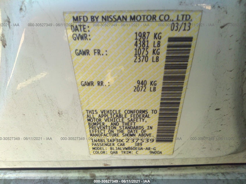 2013 NISSAN ALTIMA VIN: 1N4BL3AP3DC237539