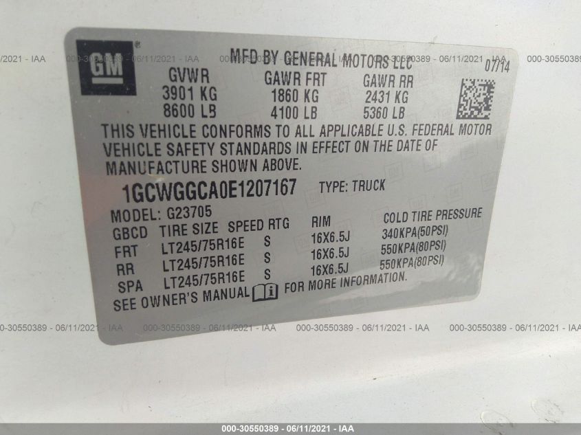 2014 CHEVROLET EXPRESS CARGO VAN 1GCWGGCA0E1207167