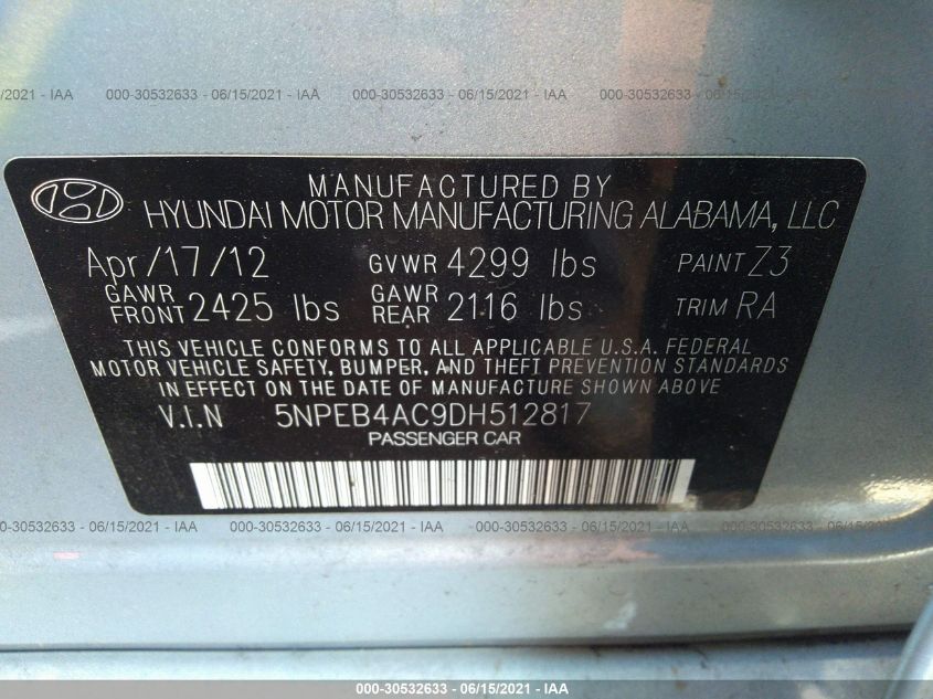2013 HYUNDAI SONATA GLS PZEV 5NPEB4AC9DH512817
