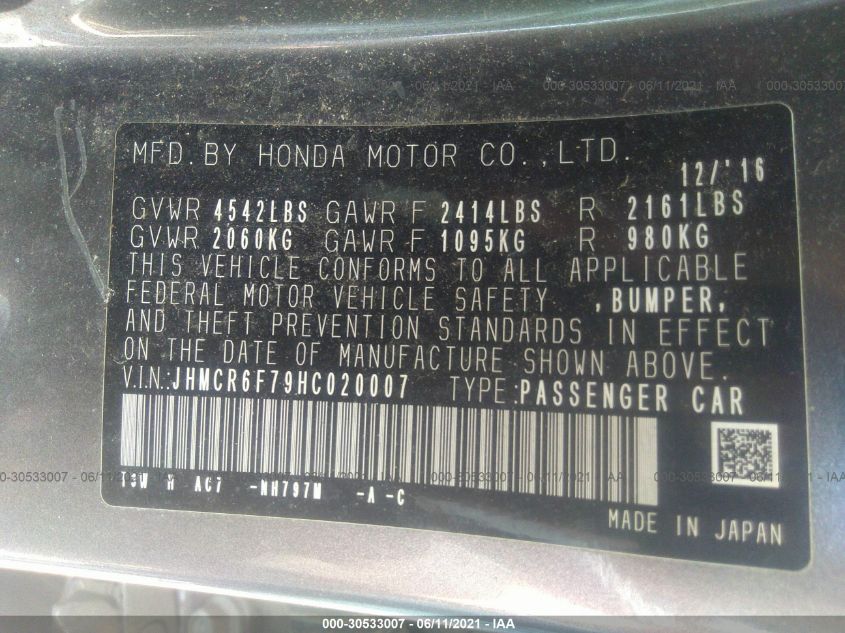 2017 HONDA ACCORD HYBRID TOURING JHMCR6F79HC020007