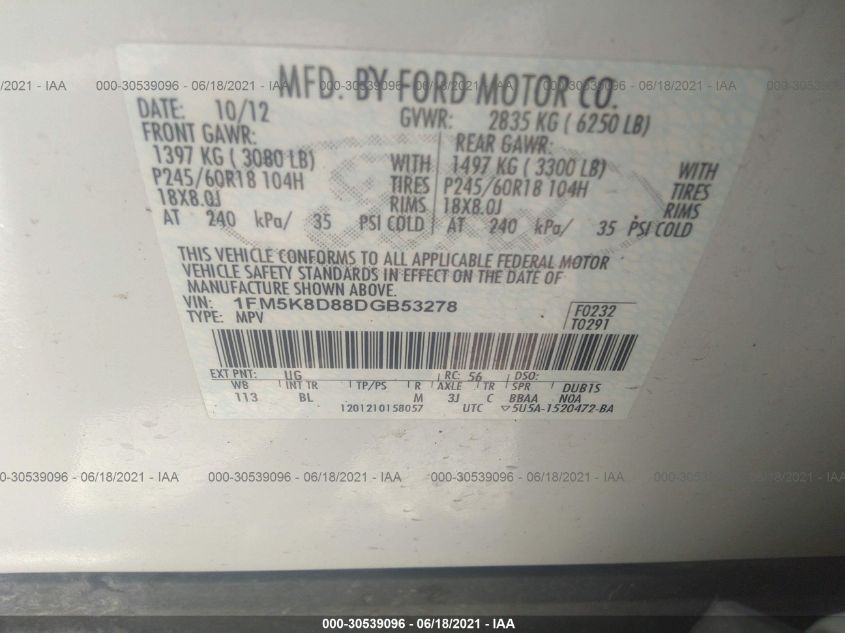 2013 FORD EXPLORER XLT 1FM5K8D88DGB53278