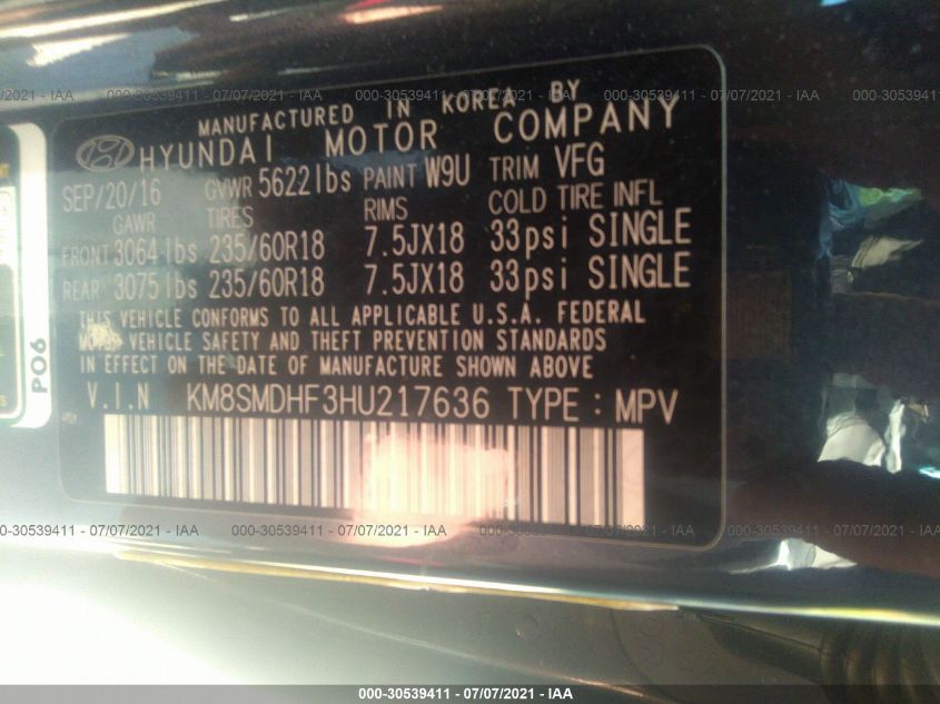 2017 HYUNDAI SANTA FE SE KM8SMDHF3HU217636