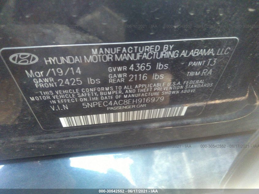 2014 HYUNDAI SONATA SE 5NPEC4AC8EH916979
