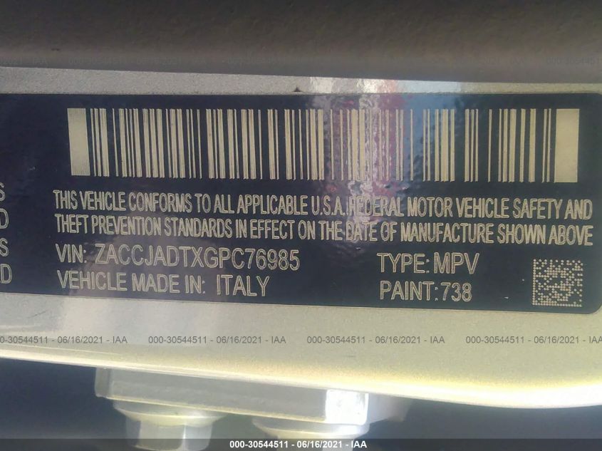 2016 JEEP RENEGADE LIMITED ZACCJADTXGPC76985