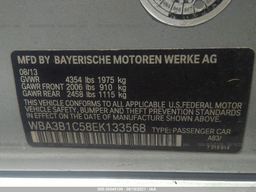 2014 BMW 3 SERIES 320I WBA3B1C58EK133568