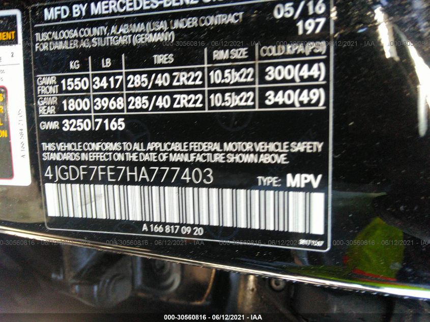 2017 MERCEDES-BENZ AMG GLS 63 4JGDF7FE7HA777403