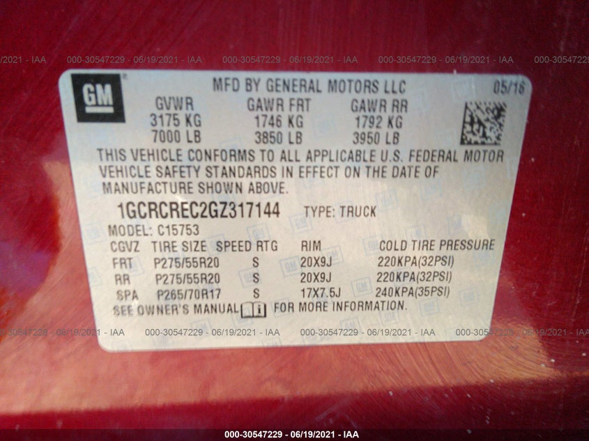 2016 CHEVROLET SILVERADO 1500 VIN: 1GCRCREC2GZ317144