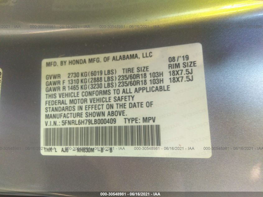 2020 HONDA ODYSSEY EX-L 5FNRL6H79LB000409