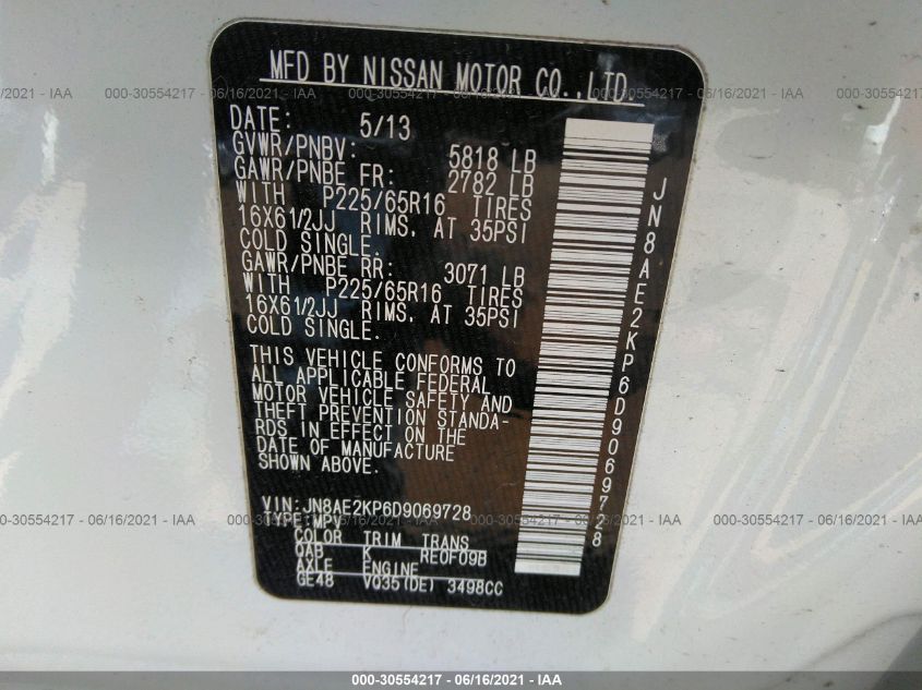 2013 NISSAN QUEST S JN8AE2KP6D9069728
