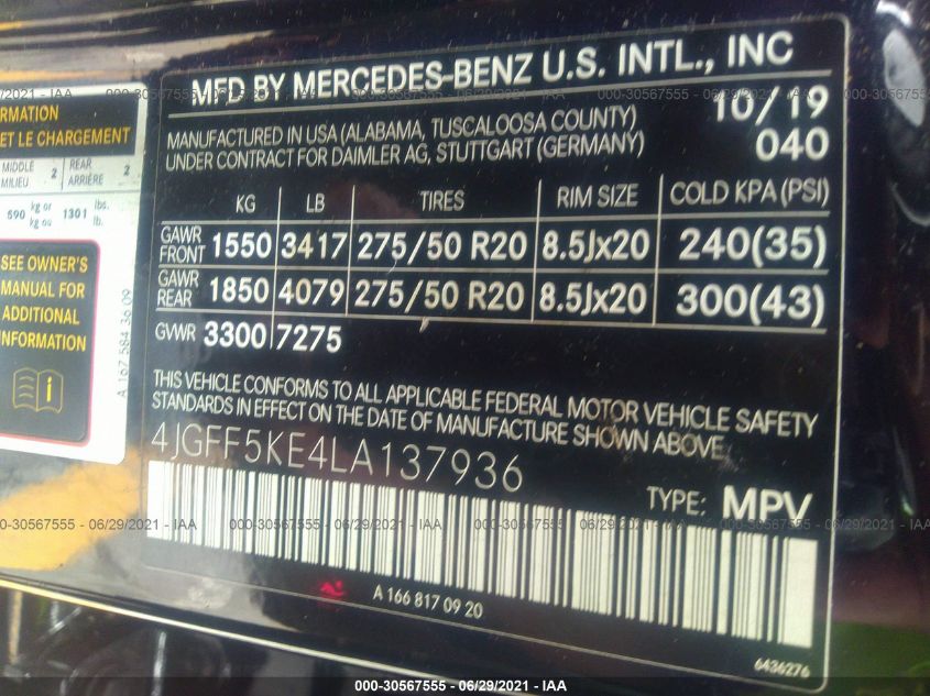 2020 MERCEDES-BENZ GLS GLS 450 4JGFF5KE4LA137936