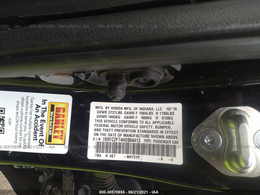 2017 HONDA CIVIC VIN: 19XFC2F74HE004413