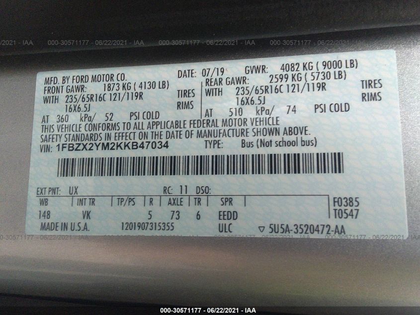 2019 FORD TRANSIT PASSENGER WAGON XL/XLT 1FBZX2YM2KKB47034
