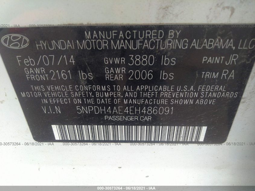 2014 HYUNDAI ELANTRA SE 5NPDH4AE4EH486091