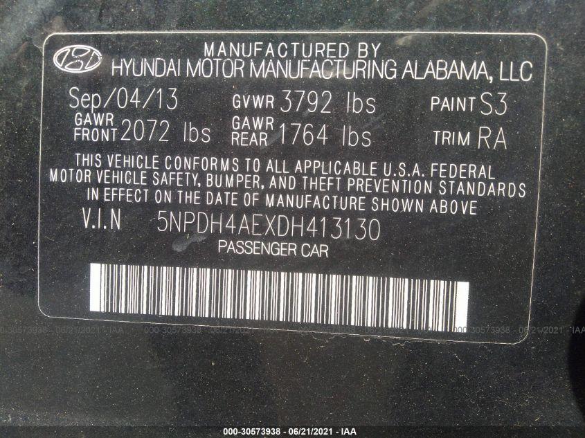 2013 HYUNDAI ELANTRA LIMITED PZEV 5NPDH4AEXDH413130