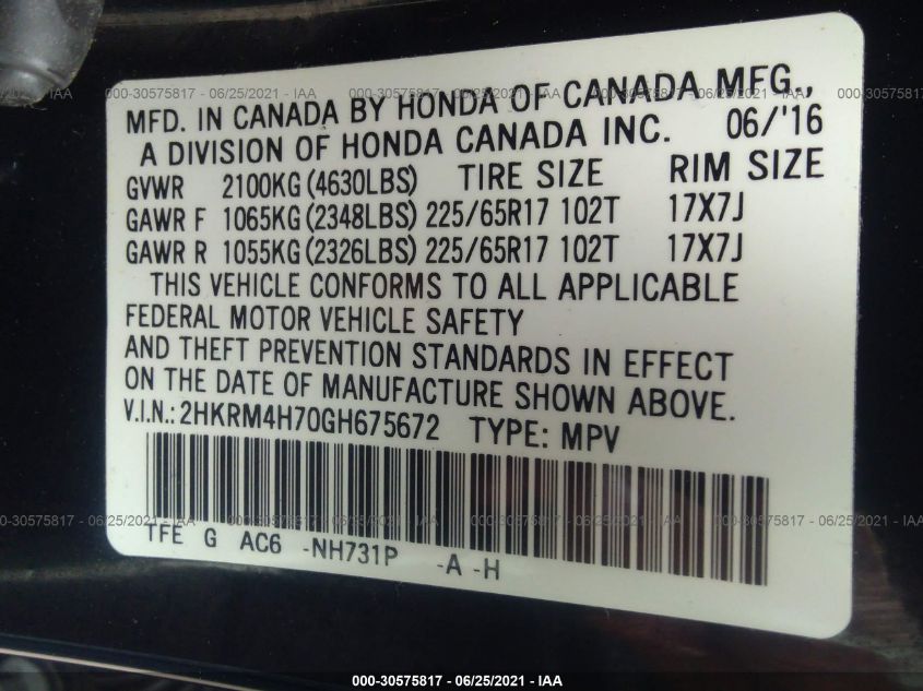 2016 HONDA CR-V EX-L 2HKRM4H70GH675672