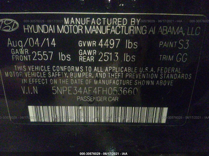 2015 HYUNDAI SONATA 2.4L LIMITED 5NPE34AF4FH053660
